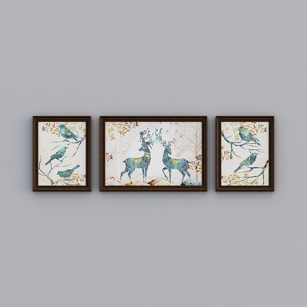 Modern American rich deer decorative painting European-style Fulu living room triple hanging painting family atmosphere mural