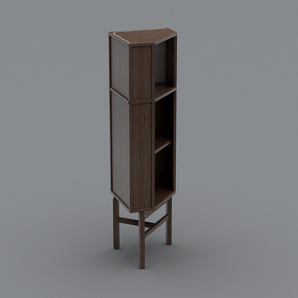 Modern dark brown wooden corner cabinet with open shelves and legs on grey background