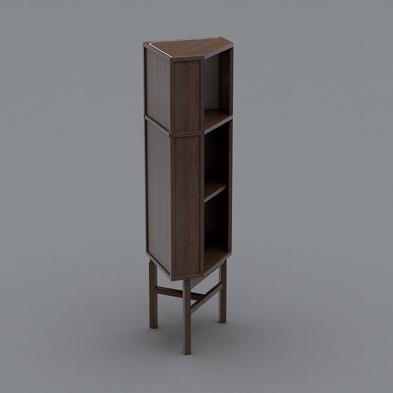 Modern dark brown wooden corner cabinet with open shelves and legs on grey background