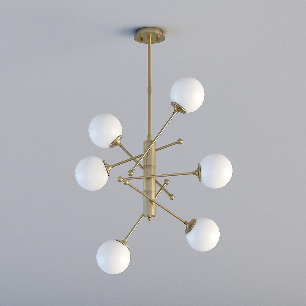 Modern gold ceiling light with six white glass globes on grey background