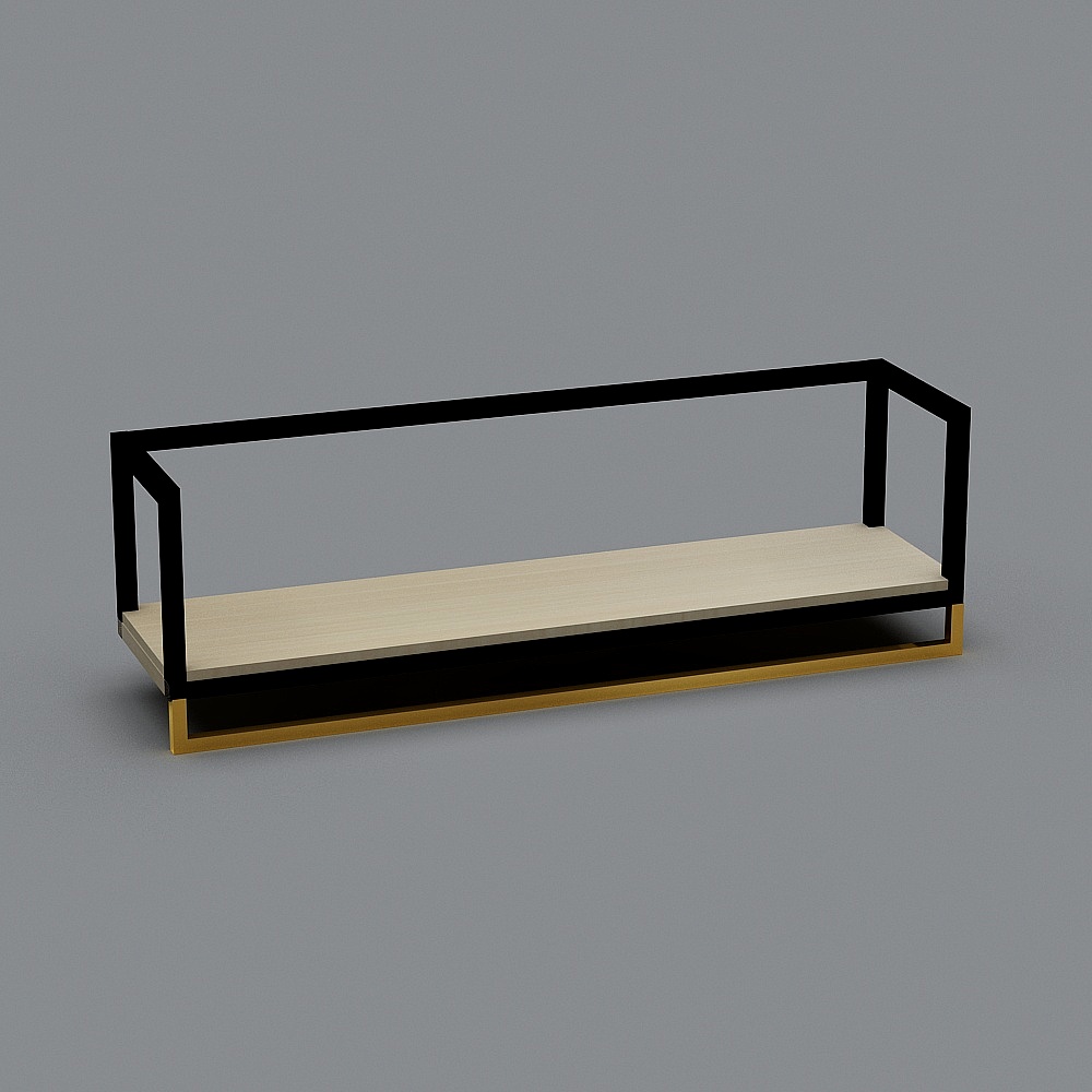 Modern console table with light wood top black frame and gold base on grey background