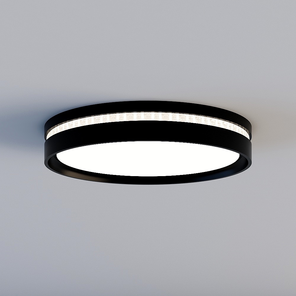 Modern black metal ceiling light with round white panel on grey background