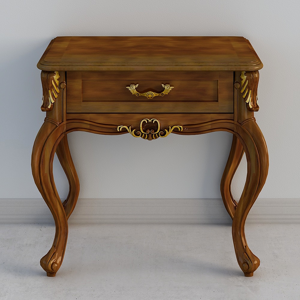 Classic brown wooden side table with gold handles and carved legs on grey background