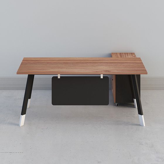Modern wood office desk with black legs and white tips on grey background