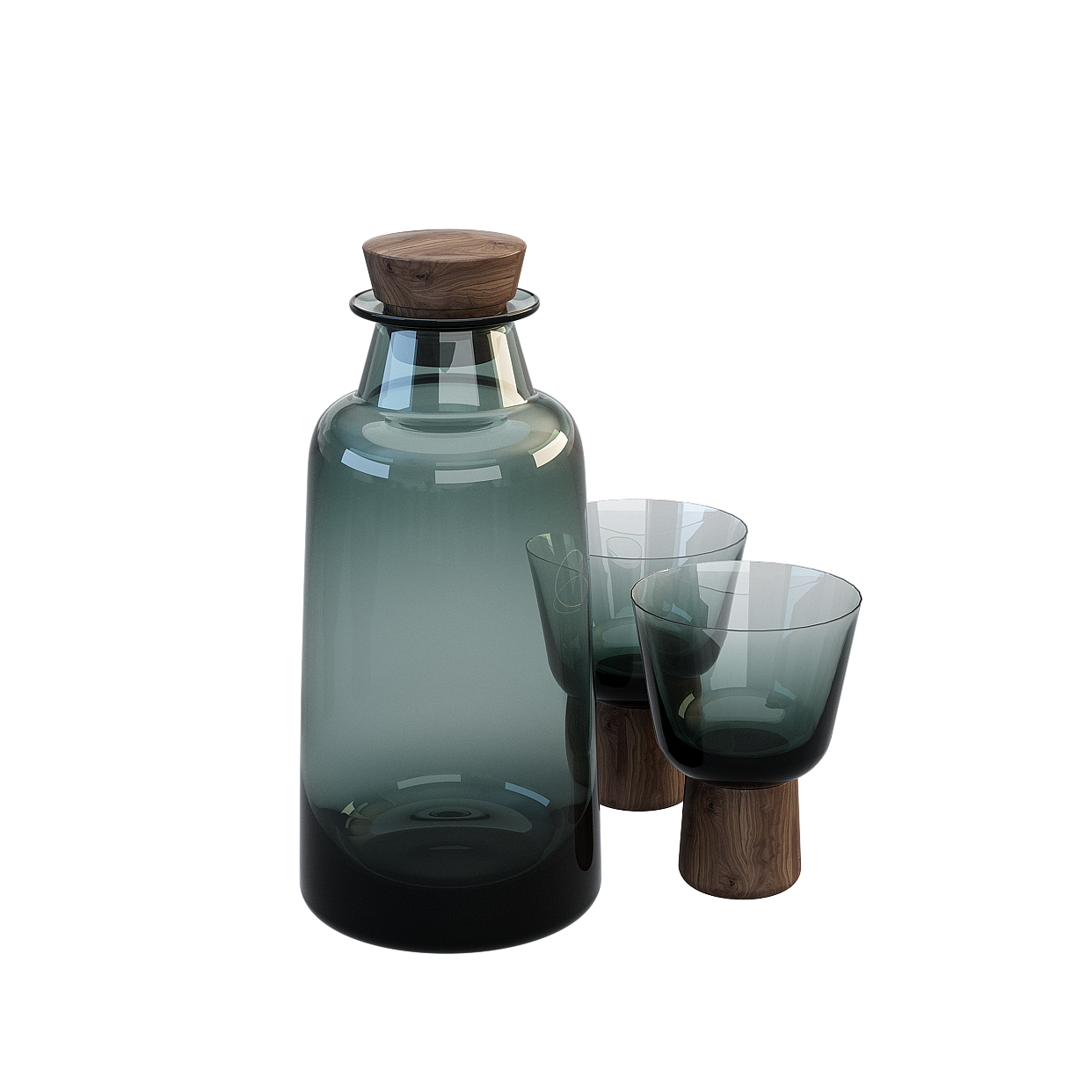 Elegant Glassware Set 3D Model – Green Glass & Wood