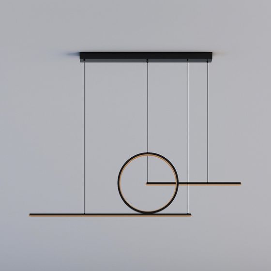 Modern black metal ceiling light with circular and linear bars on grey background
