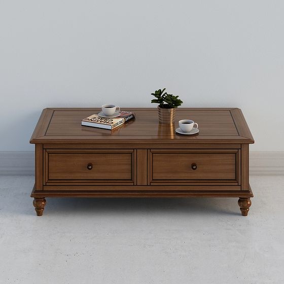 Classic brown wooden coffee table with two drawers and round legs on grey background
