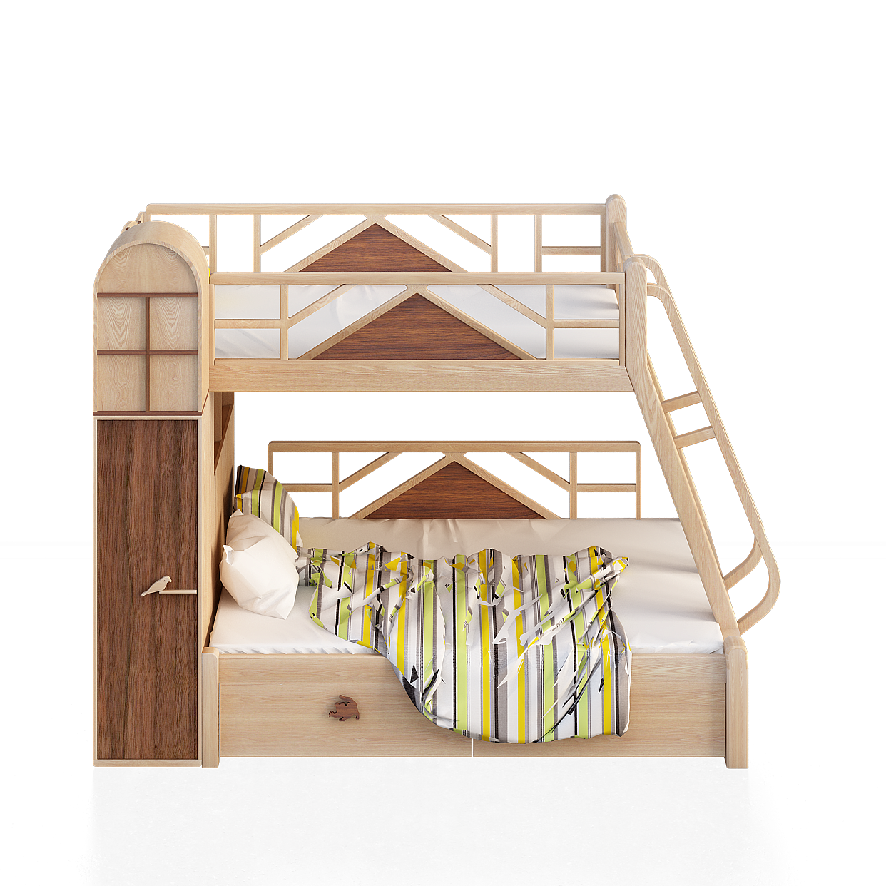 Cozy Modern Bunk Bed 3D Model – Light Wood Minimalism