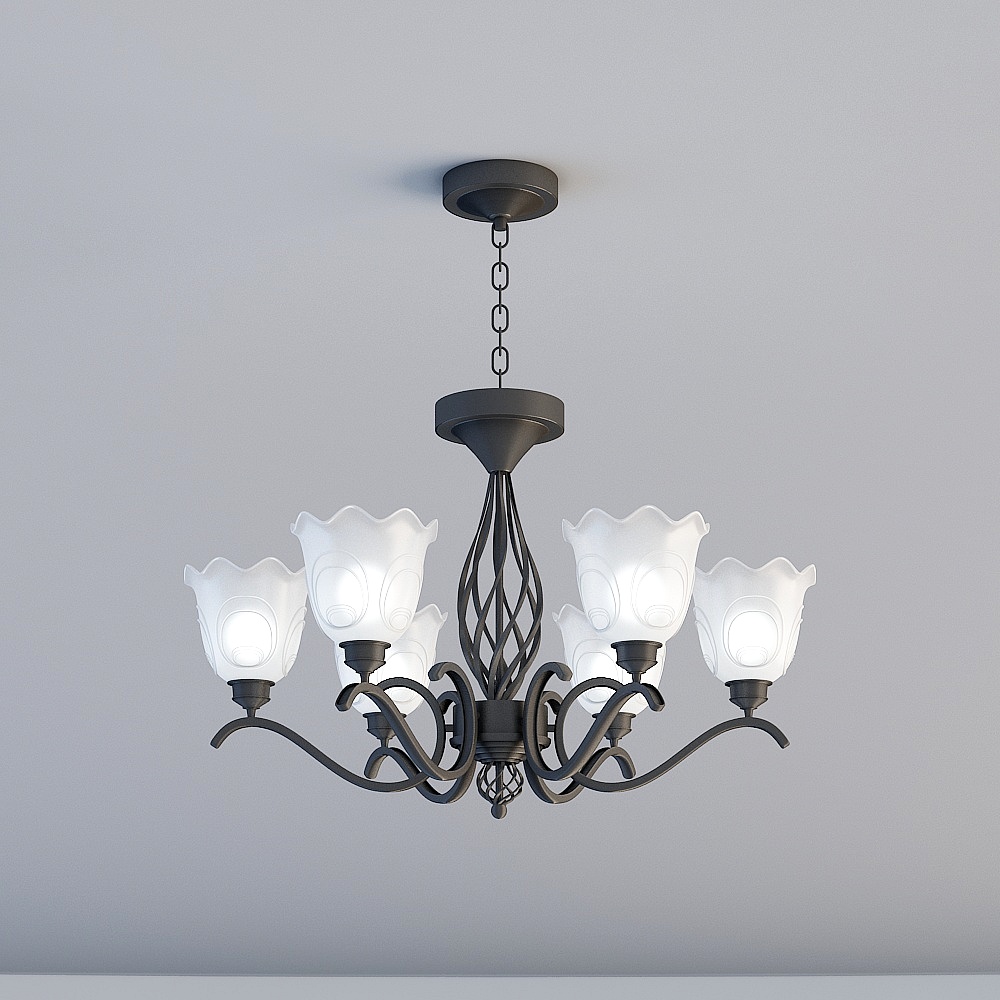 Classic black metal ceiling light with six white glass shades on grey background