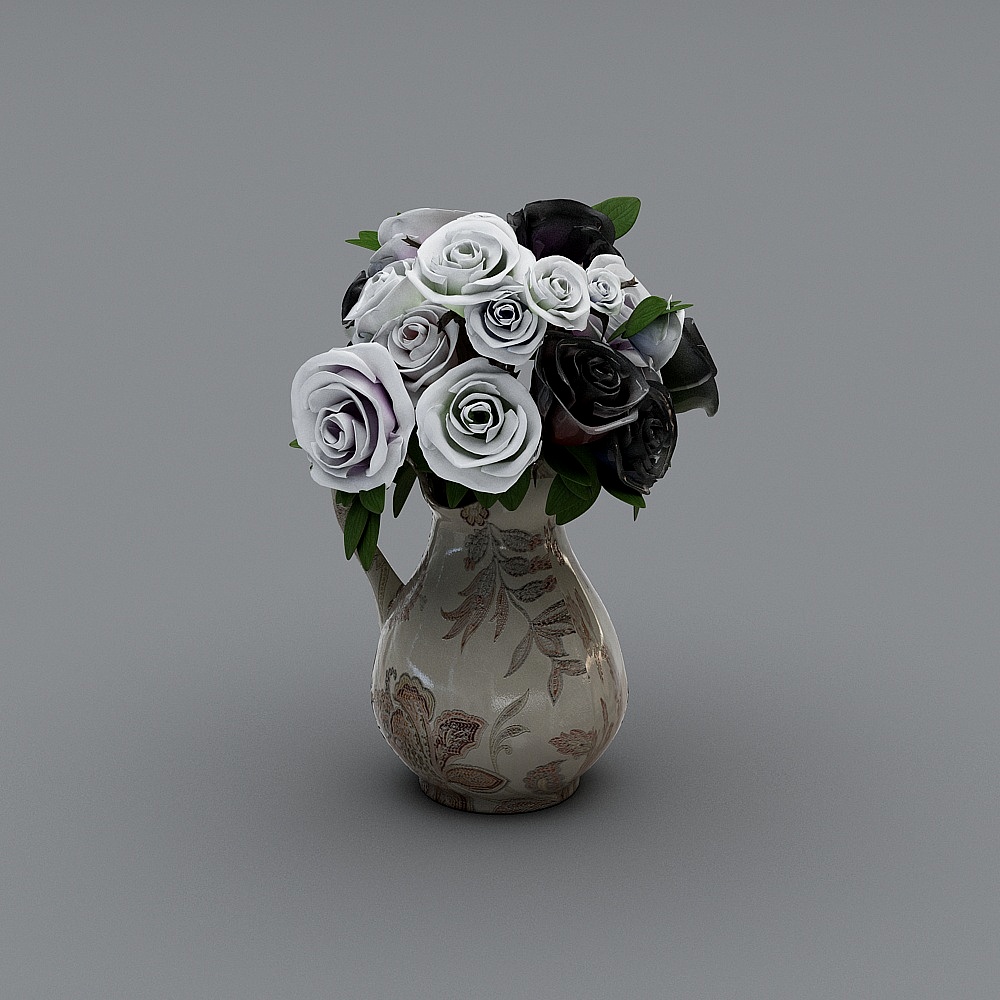 Black Ceramic Vase with Colorful Flowers 3D Model