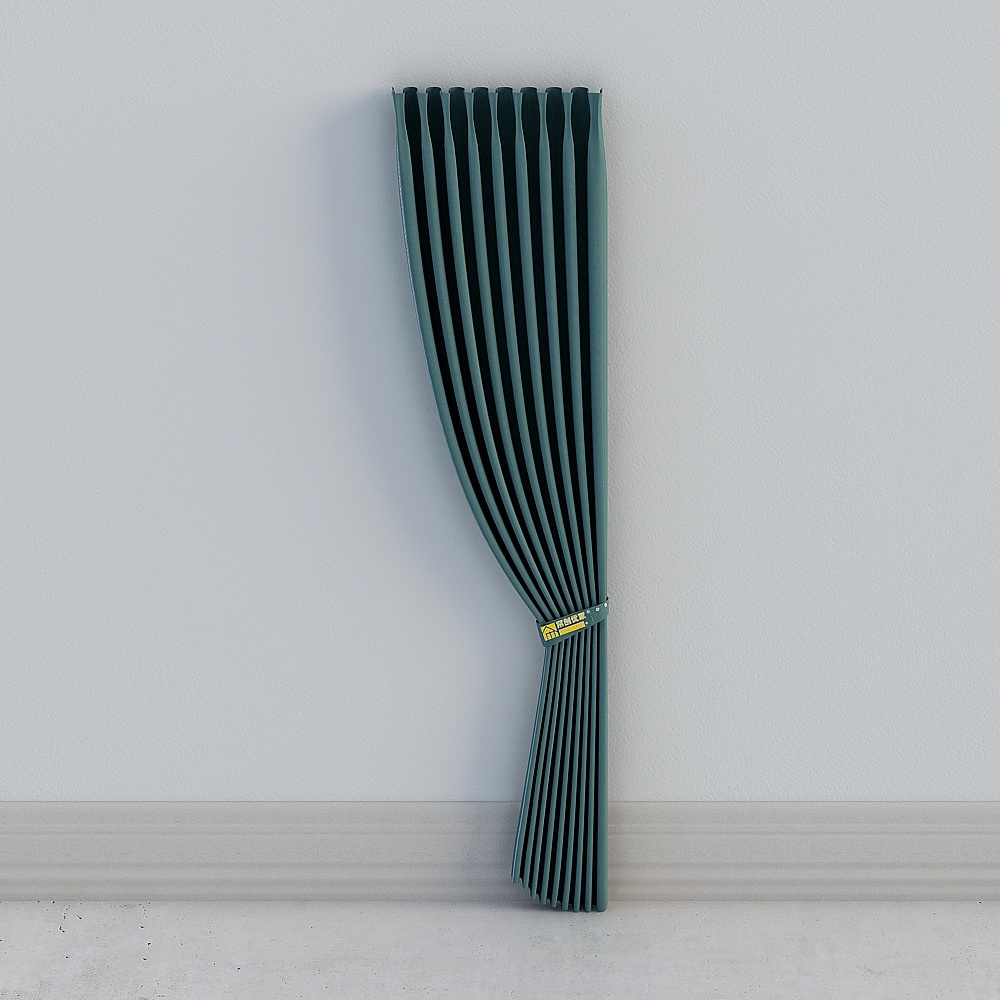 Dark green pleated curtain tied with yellow band on white background
