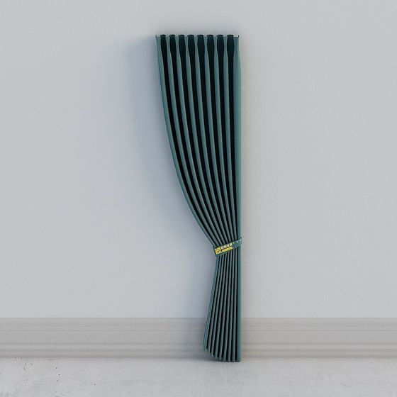 Dark green pleated curtain tied with yellow band on white background