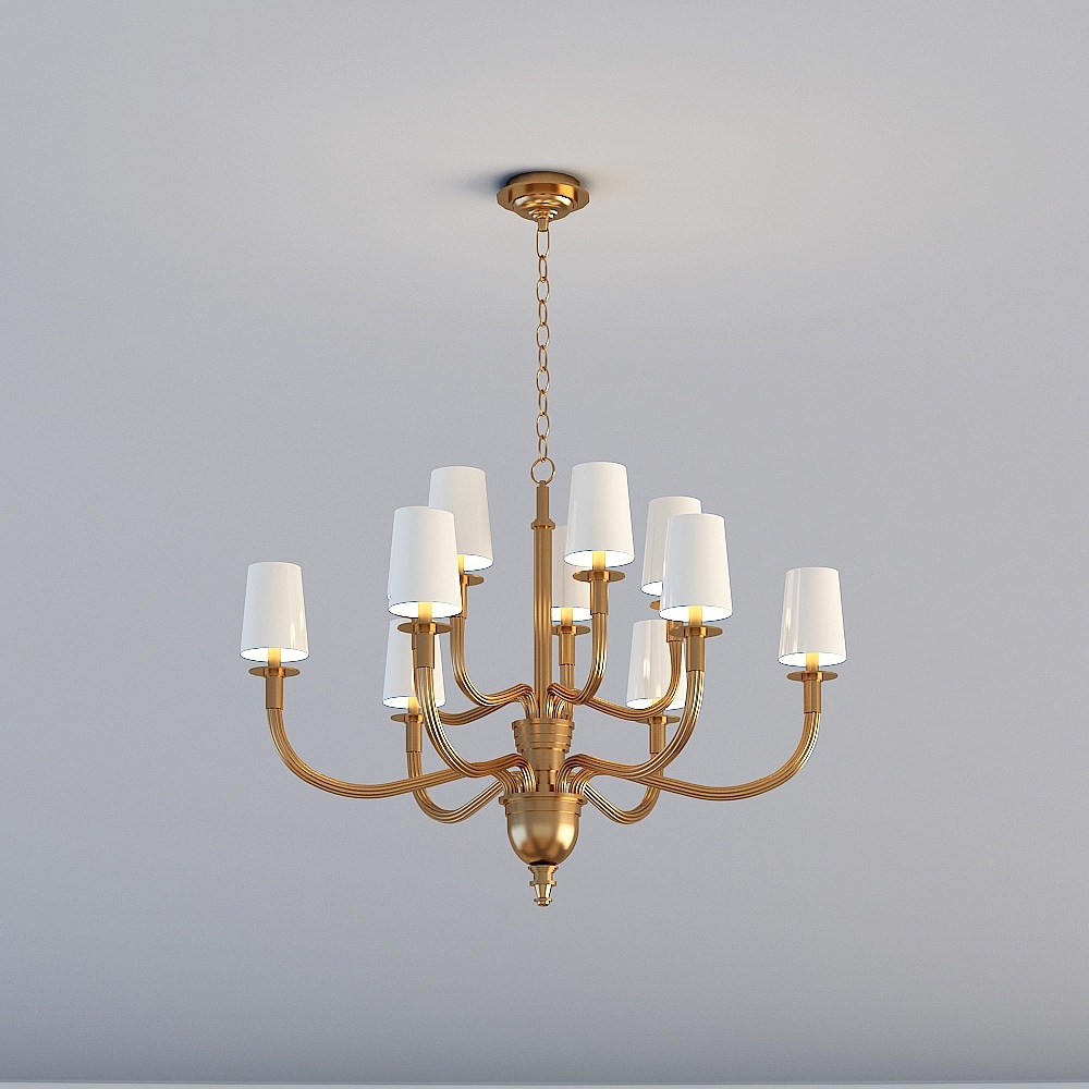 Classic gold metal ceiling light with ten white shades on grey background