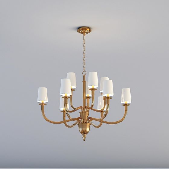 Classic gold metal ceiling light with ten white shades on grey background