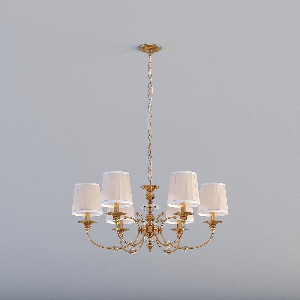 Classic gold ceiling light with six white fabric shades and hanging chain on grey background