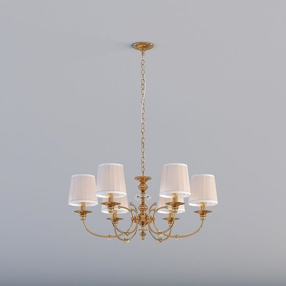 Classic gold ceiling light with six white fabric shades and hanging chain on grey background
