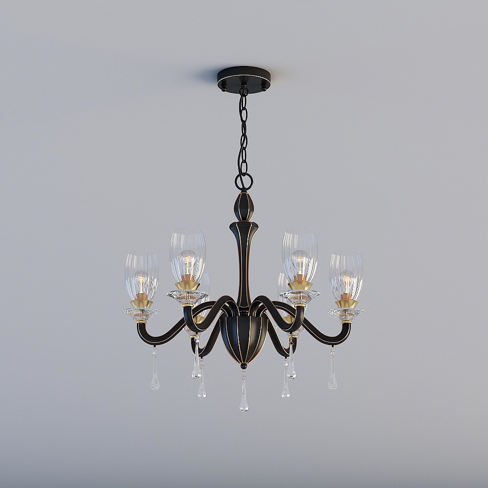 Classic black ceiling light with glass shades and crystal drops on grey background