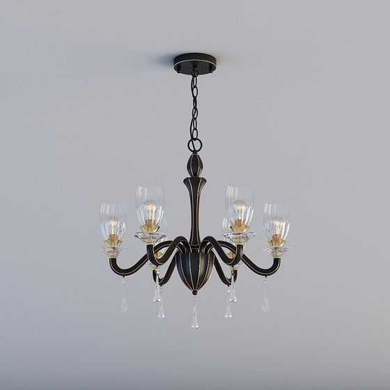 Classic black ceiling light with glass shades and crystal drops on grey background