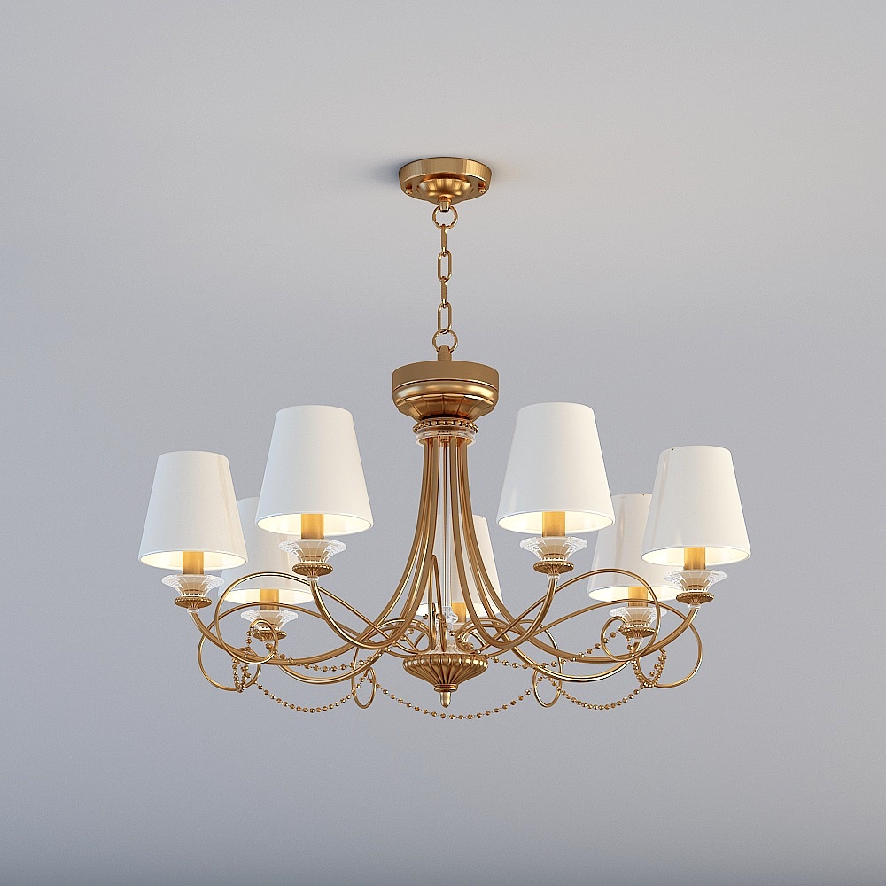 Classic gold metal ceiling light with six white shades on grey background