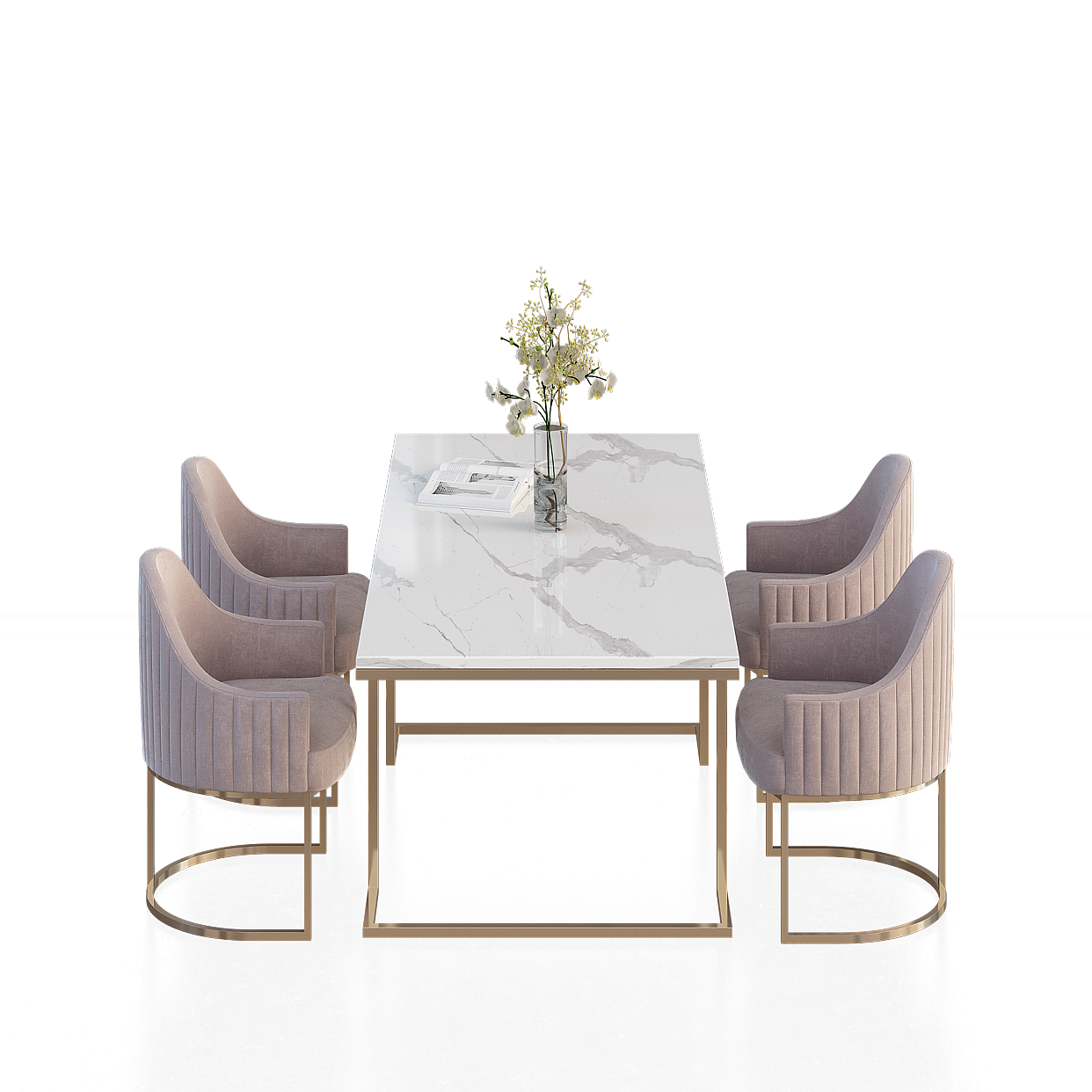Marble Dining Table & Velvet Chair Set – Elegant 3D Model