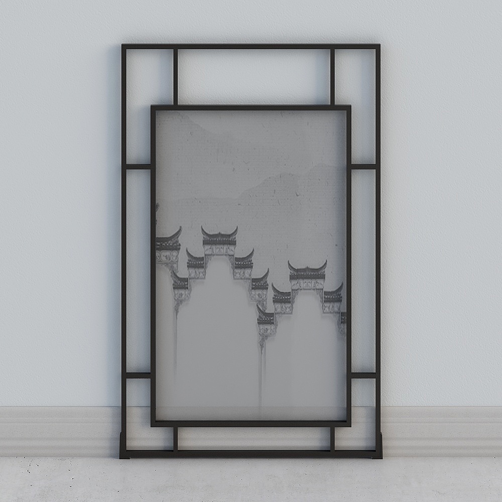 Modern black metal room divider screen with Asian art on white background