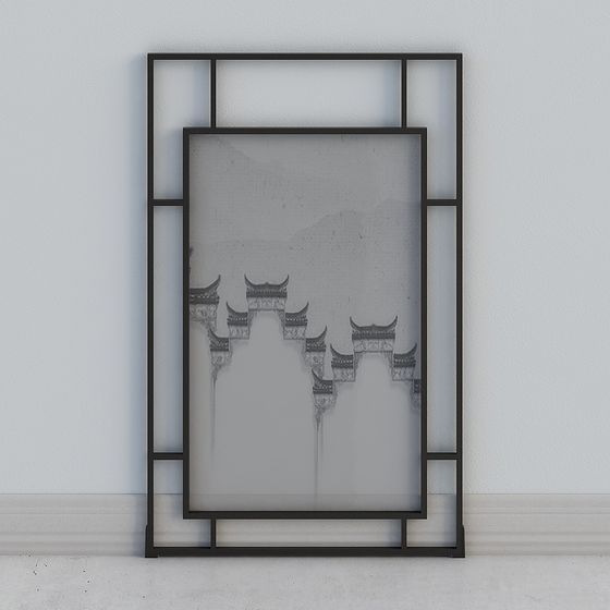 Modern black metal room divider screen with Asian art on white background