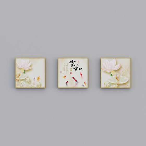 Oriental Aesthetic 3D Model: Elegant Art Triptych