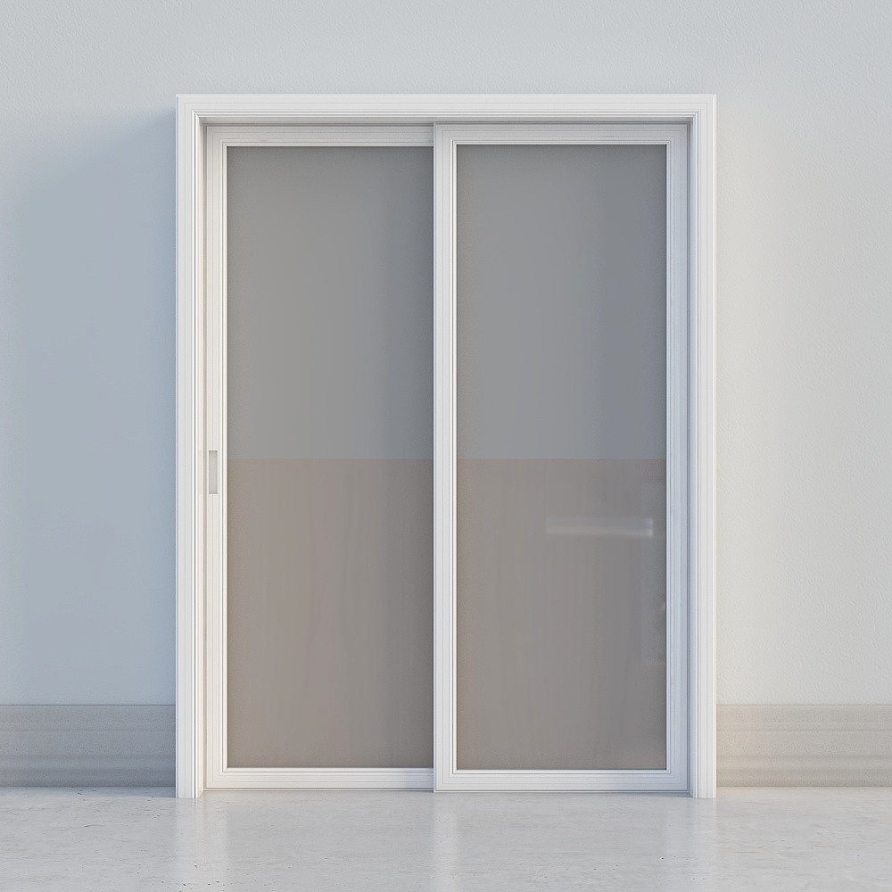 Modern white sliding closet door with frosted glass panels on light grey background