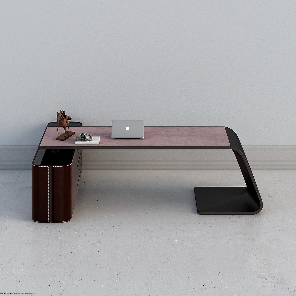 Modern desk with pink top and dark brown leather storage on grey background