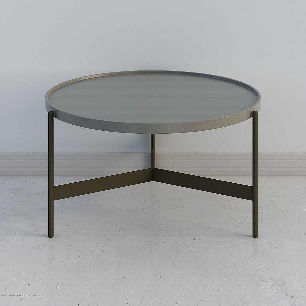 Modern round coffee table with grey top and dark metal legs on white background