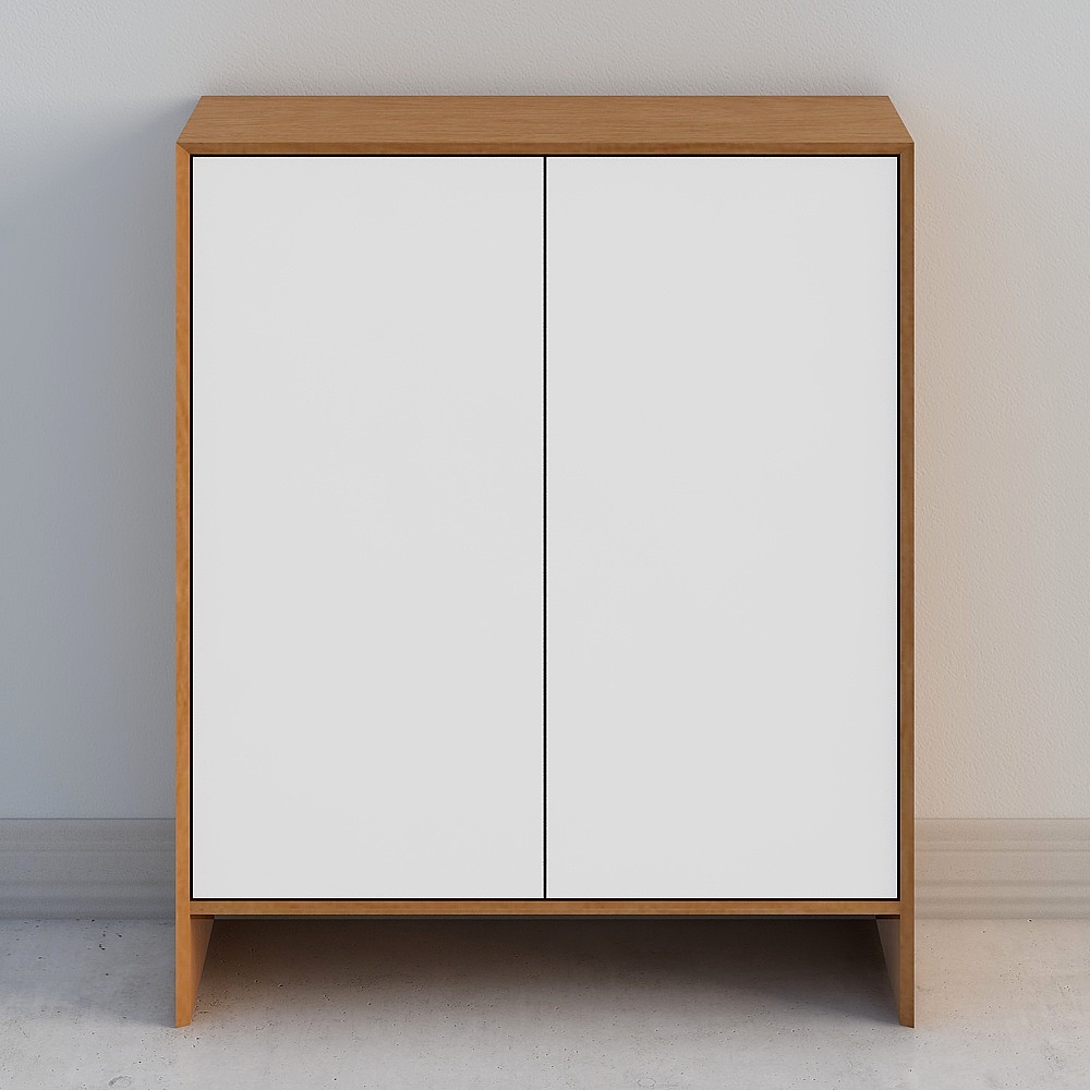 Modern white cabinet with light wood frame and two doors on grey background