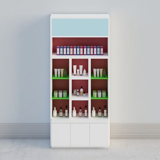 White retail display cabinet with red and green shelves holding cosmetic bottles on white background