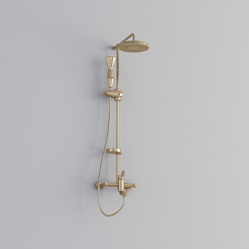 Modern gold metal shower system with round head and handheld sprayer on grey background