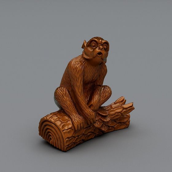 Lifelike Monkey 3D Model Sitting on a Log