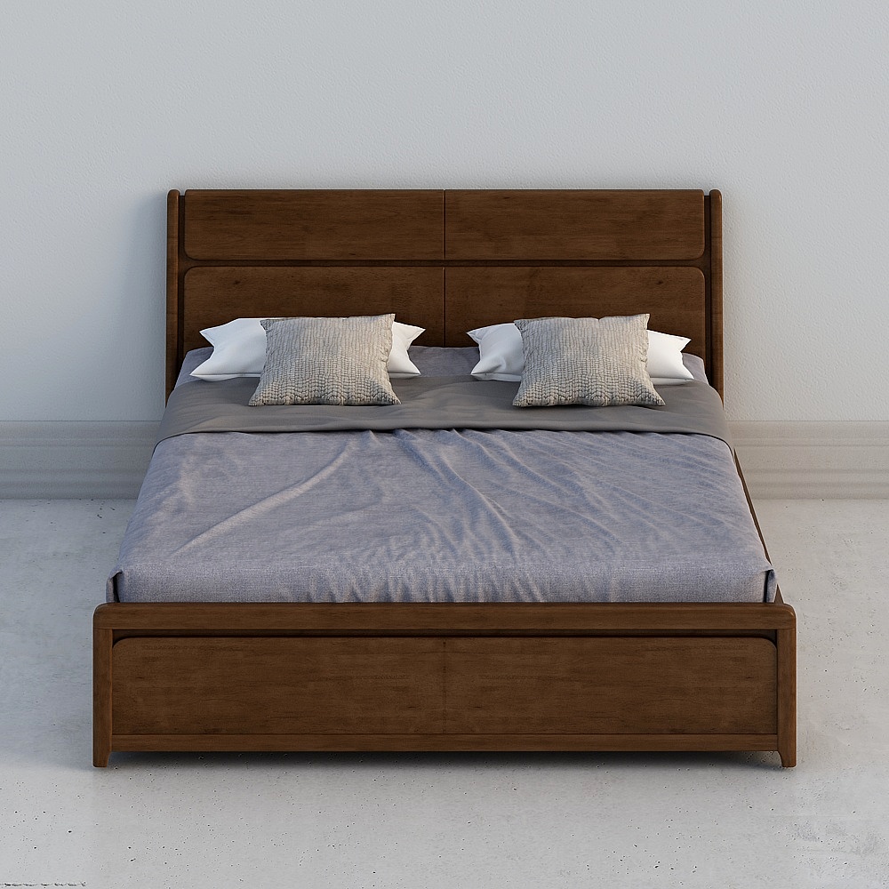 Modern dark brown wooden platform bed with grey bedding and pillows on white background