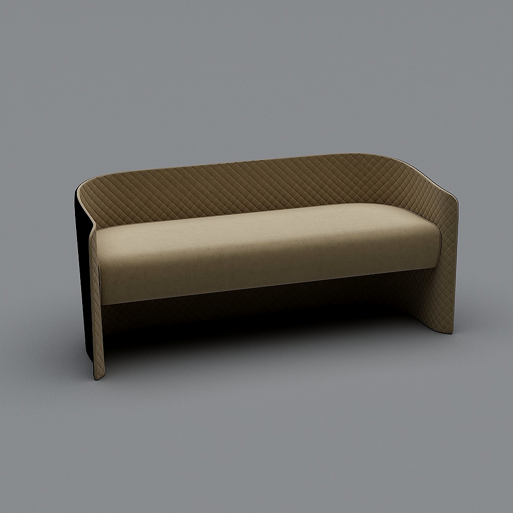 Modern curved sofa with beige fabric seat and brown quilted back on grey background