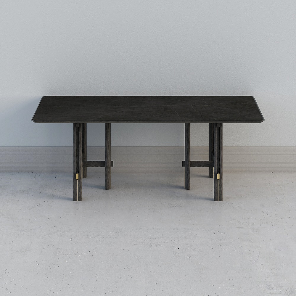 The long dining table is dark