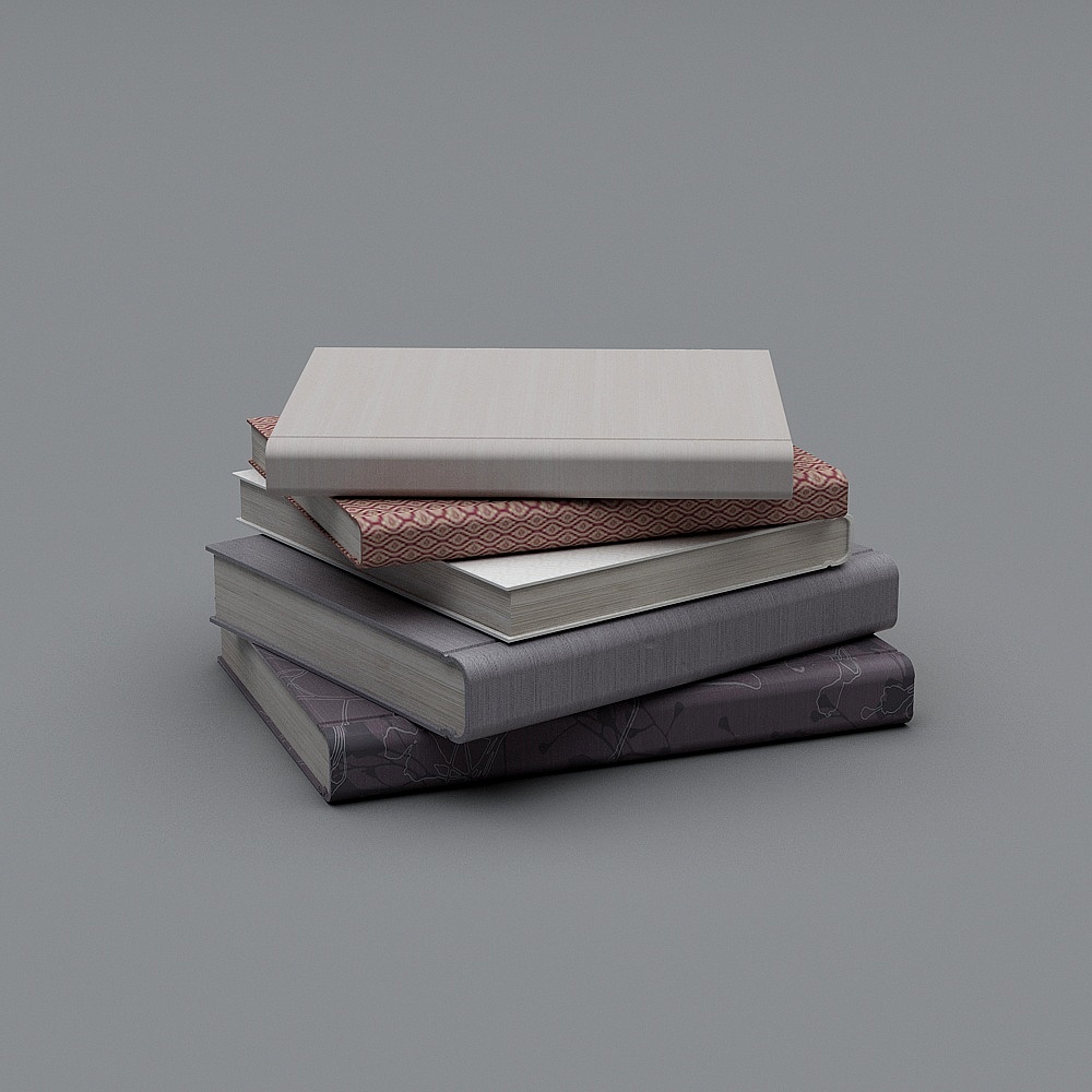 Stack of five hardcover books with white grey and red patterned covers on grey background