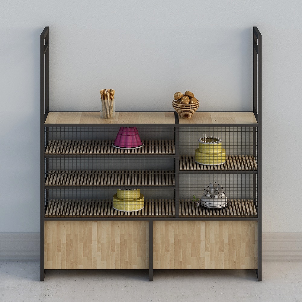 Modern black metal bakery display cabinet with wooden shelves and doors on white background