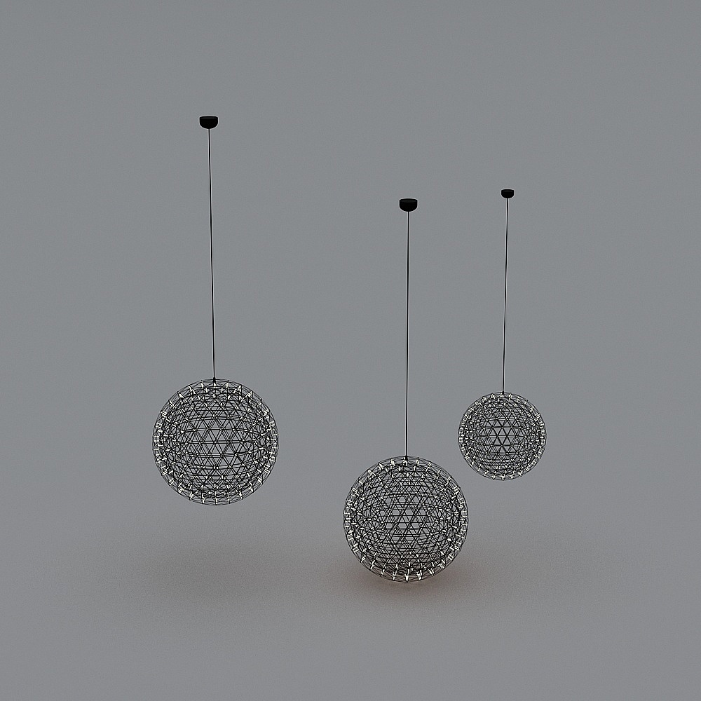 Three modern silver wire sphere ceiling lights with black cord on grey background
