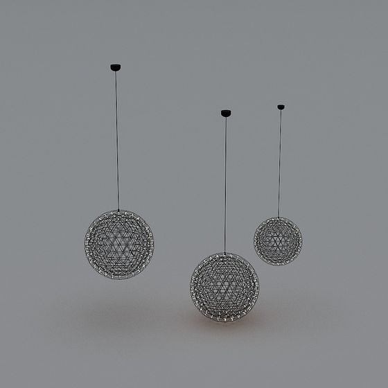 Three modern silver wire sphere ceiling lights with black cord on grey background