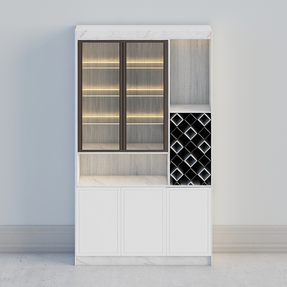 Modern white cabinet with glass doors and wine rack on light grey background