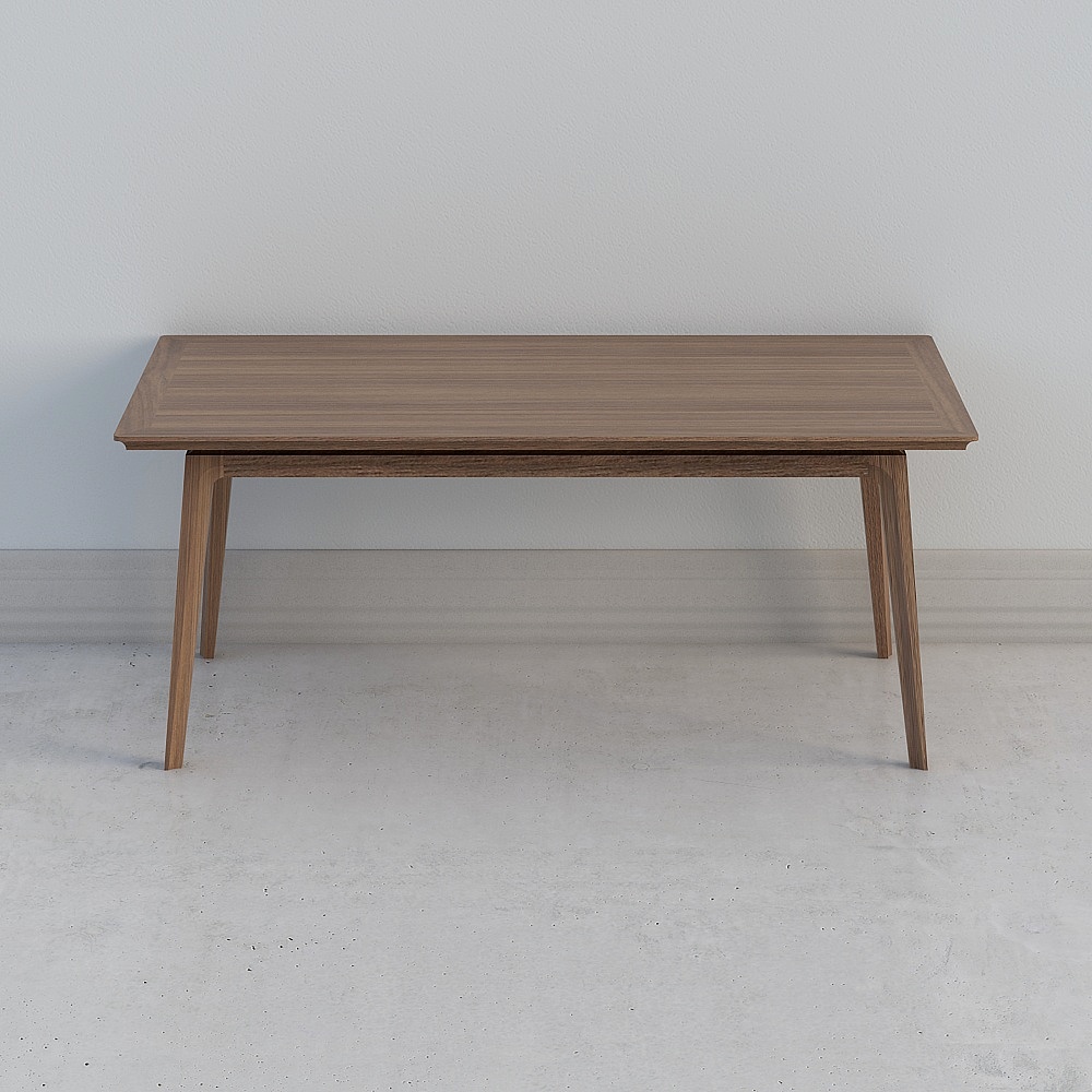 Modern light brown wooden dining table with tapered legs on white background
