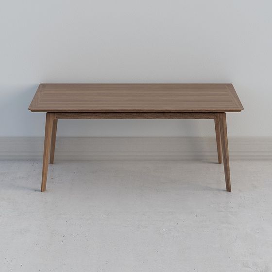 Modern light brown wooden dining table with tapered legs on white background