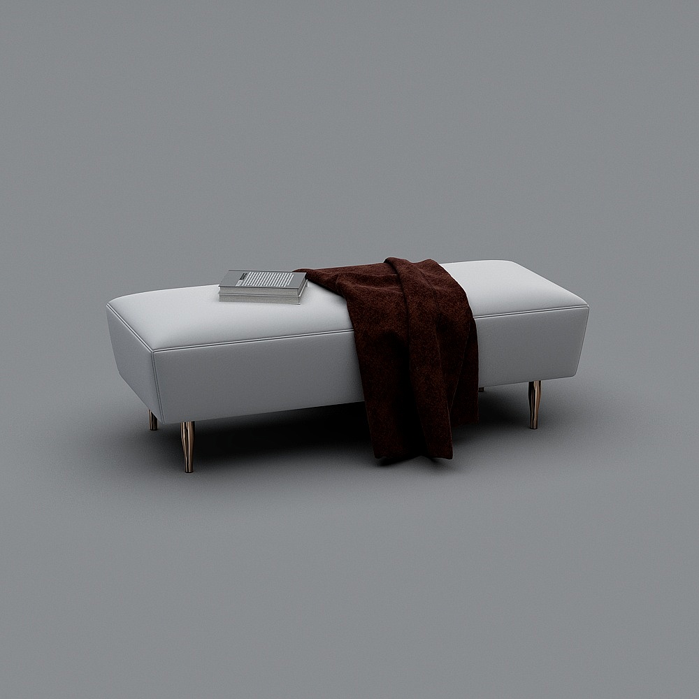 Modern white leather footrest with gold legs and brown blanket on grey background