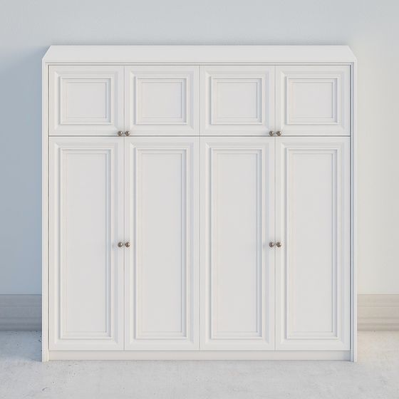 White classic storage cabinet with eight doors and silver handles on light grey background