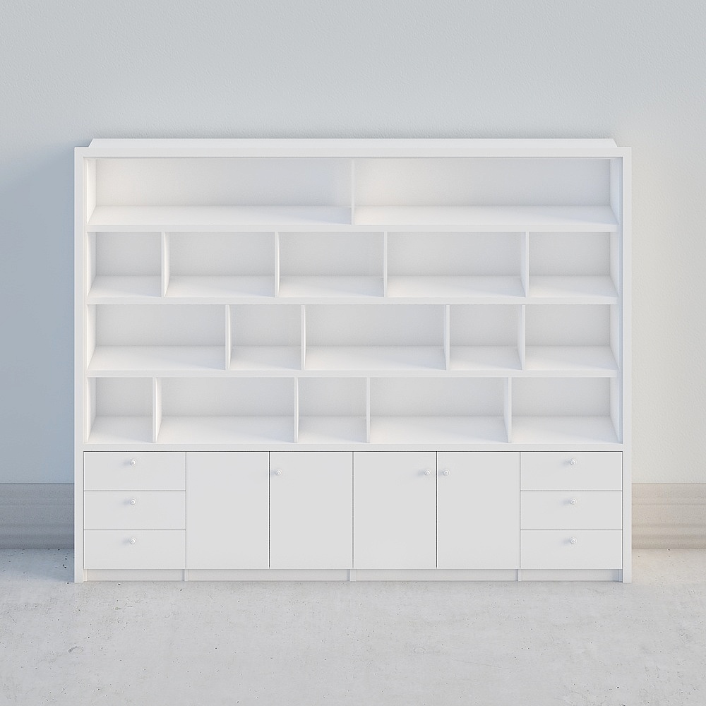 Large white wooden wall cabinet with shelves and drawers on grey background