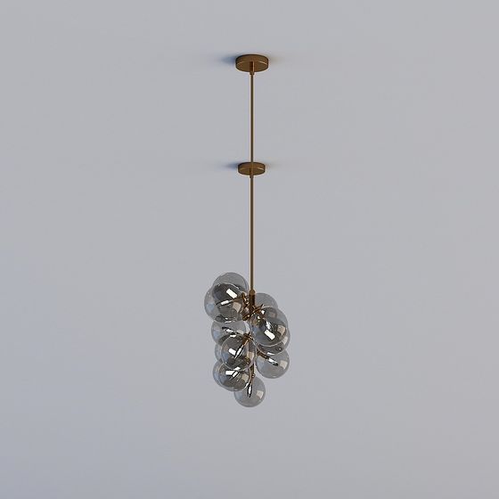 Modern brass ceiling light with cluster of clear glass globes on grey background
