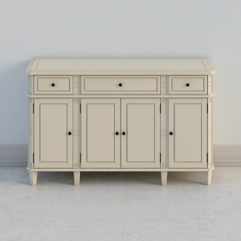 Cream wooden cabinet with three drawers and four doors on grey background