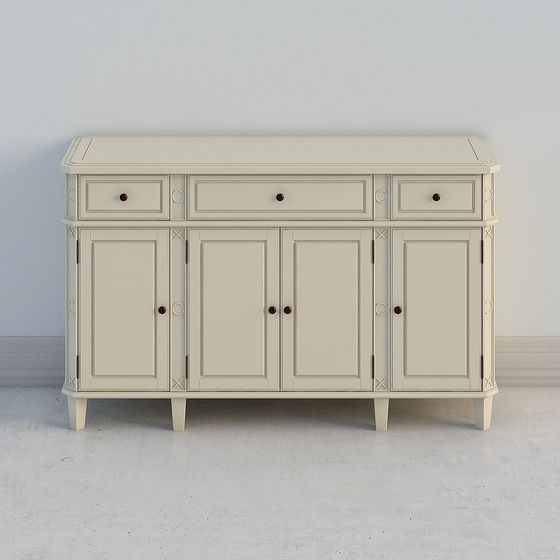 Cream wooden cabinet with three drawers and four doors on grey background